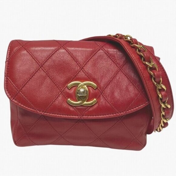 CHANEL 24K Vintage Waist Bag Fanny Pack CC Lambskin Waist Bag Pouch Bum Bag Red - Picture 5 of 16